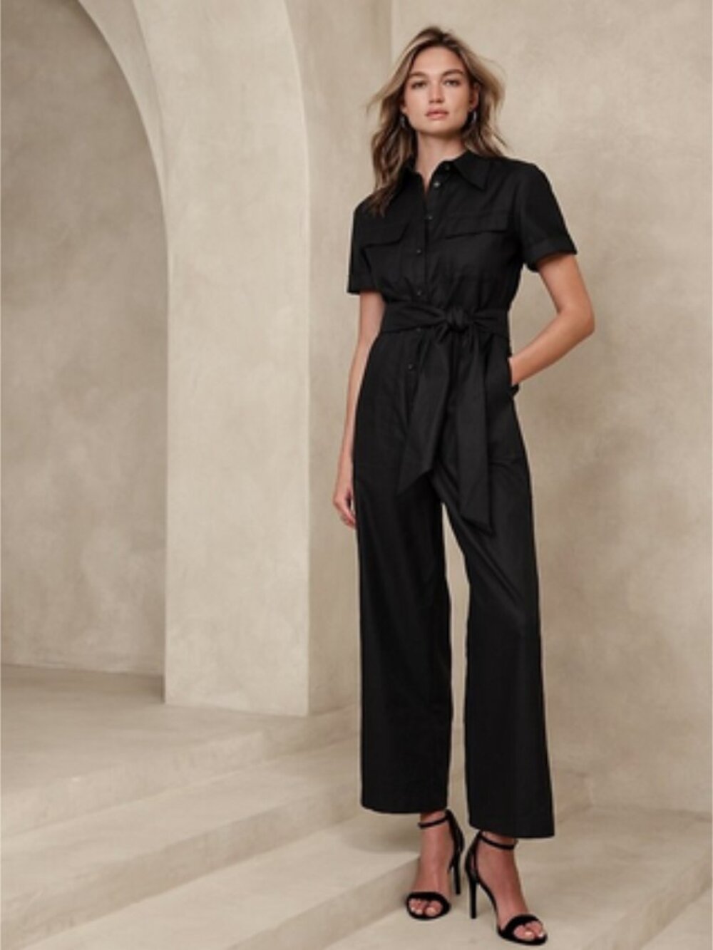 Banana Republic Sz. M Petite NWT Black Button Down Wide Leg Jumpsuit